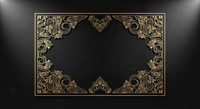 Ornate gold frame with decorative Art deco elements on black backdrop for wedding invitation