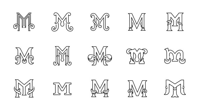 A collection of fifteen unique and ornate letter M monograms, presented in a clean, minimalist outline style against a black background, perfect for branding, logos, and graphic design projects