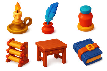 3D Scriptorium Icon Set. 3D icon set of scriptorium tools: candle holder, feather quill, sand shaker, scroll rack, wooden desk,