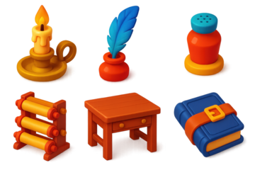 3D Scriptorium Icon Set. 3D icon set of scriptorium tools: candle holder, feather quill, sand shaker, scroll rack, wooden desk,