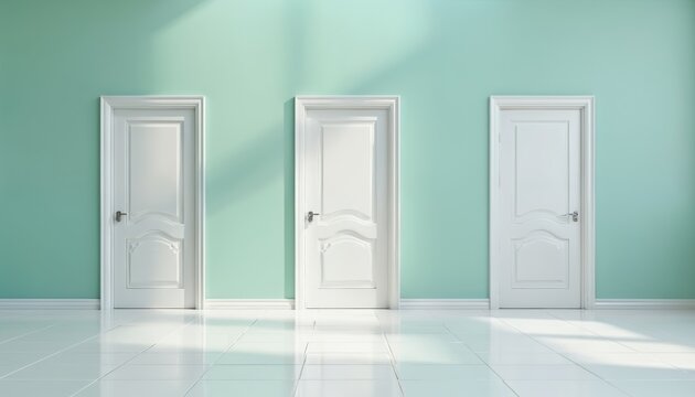 Three identical closed white doors set against light teal wall. Minimalist design includes reflective flooring creating depth. Photo reflects concept of choice opportunity future prospects. May