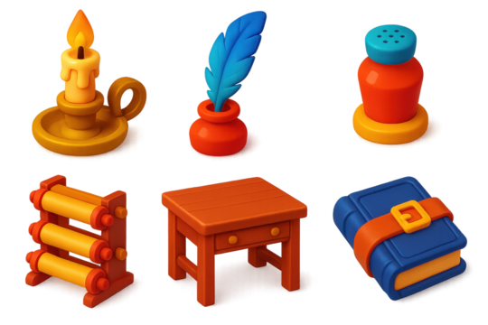 3D Scriptorium Icon Set. 3D icon set of scriptorium tools: candle holder, feather quill, sand shaker, scroll rack, wooden desk,