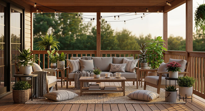 Cozy outdoor living room setup with plants and soft cushions at sunset  