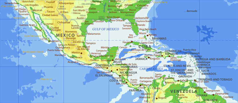 Vector geographical world map. Fragment of american continent with peninsula california, florida, mexico, cuba, bermuda, guatemala, honduras, nicaragua, panama, bahamas, dominican republic, venezuela.