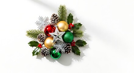 Festive christmas wreath ornament with pinecones and holly