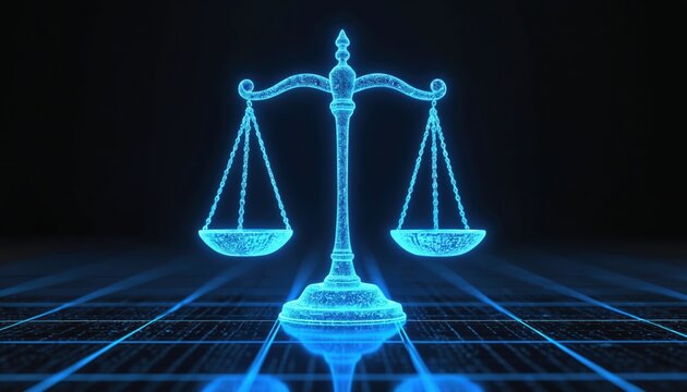 Glowing neon blue scales of justice on digital grid. Symbolizes fairness, law and modern technology. Weighing options in futuristic court system. Abstract legal concept.