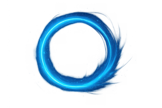 Blue light ring generating an abstract energy effect with glowing trails on a transparent background