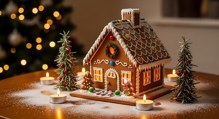 Festive gingerbread house with christmas tree lights and candles