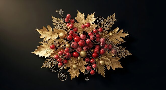 Elegant gold and red festive wreath with berries and leaves
