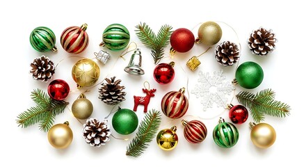 Festive christmas ornaments and pinecones scattered on white background