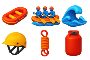 Whitewater Rafting Icons. 3D icon set of whitewater rafting: inflatable raft, paddle crew, rapid wave, helmet, rescue rope, dry