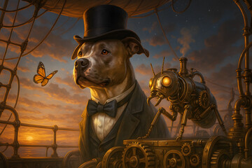 Pit Bull Traveler on a Steampunk Airship Deck at Sunset wearing Tuxedo and Top Hat with a Mechanical Ant Companion, Cinematic Warm Lighting and Nautical Rigging, Dramatic Fantasy Portrait