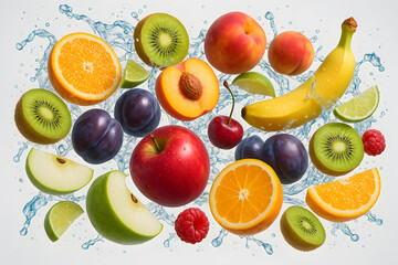 Vibrant Floating Fruits with Water Splash over Dark Studio Background Showing Oranges Kiwis Apples Bananas Peaches Limes Plums Cherries and Raspberries in Dynamic Advertising Composition
