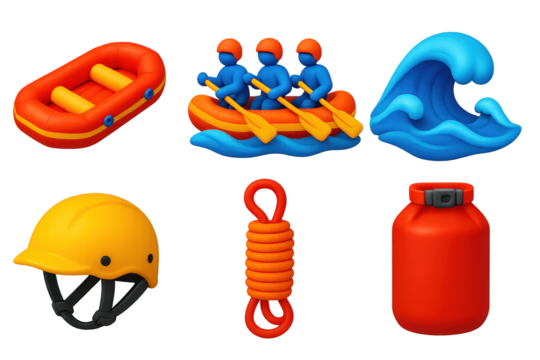Whitewater Rafting Icons. 3D icon set of whitewater rafting: inflatable raft, paddle crew, rapid wave, helmet, rescue rope, dry