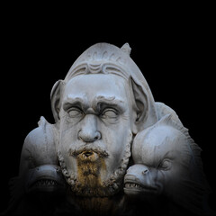 Mythological Triton with Dolphins – Ancient Marble Fountain Sculpture on Black Background