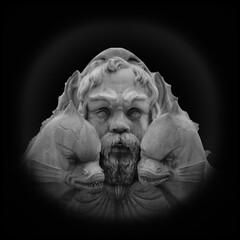 Ancient Triton Sculpture with Dolphins – Mythological Marble Fountain Detail on Black Background