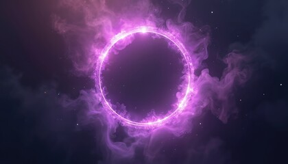 Fototapeta premium Vibrant purple glowing ring shines in dark cosmic space, creating mysterious portal. Swirling ethereal smoke surrounds bright energy circle. Evokes abstract concepts of future tech, fantasy worlds,