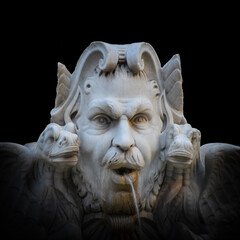 Mythological Triton Fountain Sculpture – Ancient Marble Face with Water Flow and Dramatic Lighting