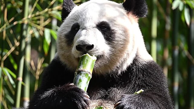 Peacefully, a giant panda's jaw works methodically on a bamboo stalk.