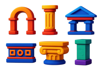 Classical Architecture Icons. 3D icon set of classical architecture: arch, column, pediment, frieze, cornice, stone pillar. A set