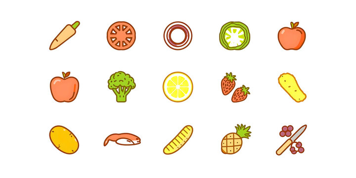 Set of fresh vegetables and fruits vector illustration icon collection with apple, tomato, and orange for a healthy food pattern