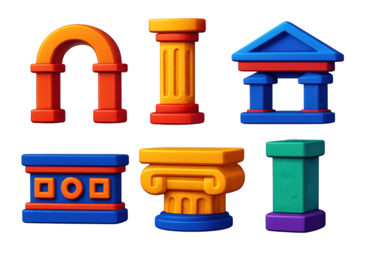 Classical Architecture Icons. 3D icon set of classical architecture: arch, column, pediment, frieze, cornice, stone pillar. A set