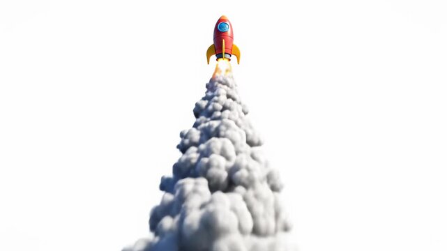 Cartoon Rocket Ship Taking Off with Smoke Clouds