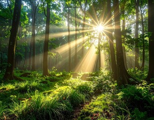Sunlight filtering through dense forest trees, lush greenery, realistic nature scene