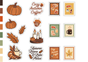 Printable Autumn Stickers & Fall Cards-Warm fall-themed printable stickers and mini cards — cozy pumpkins, leaves, candles and mugs for planners or craft projects.