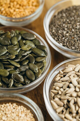 Assorted Bowls with Mixed Seeds (flaxseed, chia, sesame, pumpkin, and sunflower seeds)