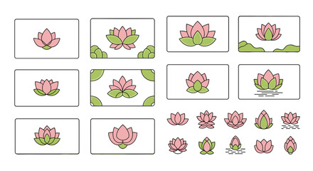Collection of stylized lotus flower icons and illustrations on a black background, featuring various arrangements and decorative elements, perfect for digital design and branding projects.