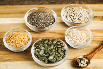 Assorted Bowls with Mixed Seeds (flaxseed, chia, sesame, pumpkin, and sunflower seeds)