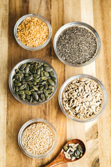 Assorted Bowls with Mixed Seeds (flaxseed, chia, sesame, pumpkin, and sunflower seeds)
