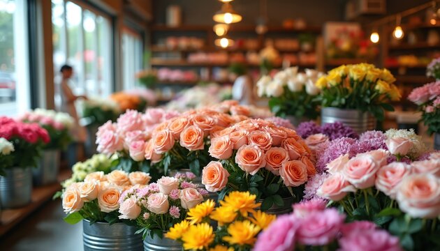 Flower shop interior with many colorful roses, carnations, and daisies arranged in metal buckets. Soft natural light fills the store, a person works inside, creating floral arrangements. - Powered by Adobe