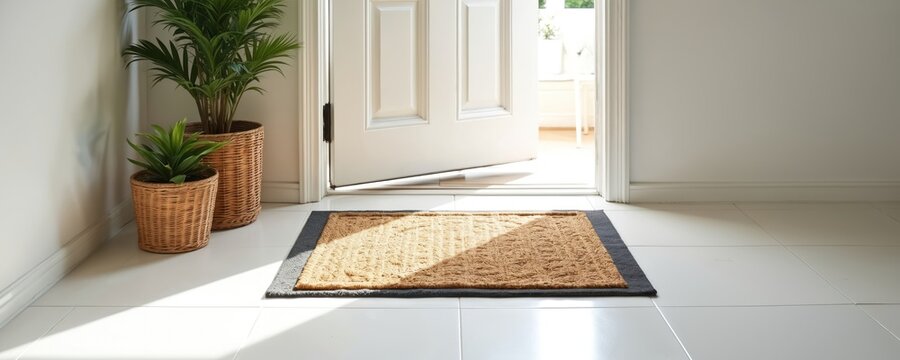 Coconut doormat with dark edging placed at white door threshold on tiled floor. Two green plants in wicker baskets stand near entrance. Sunlight streams into hallway.