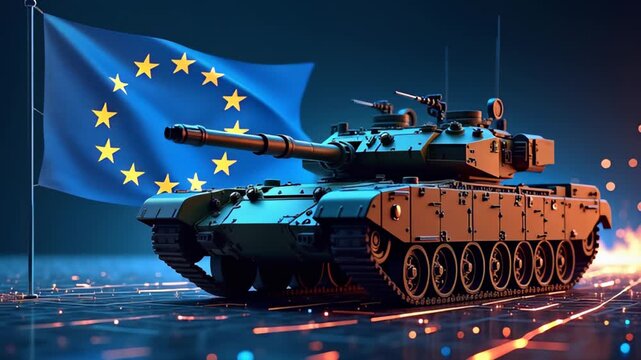 European tank in front of EU flag, modernize military 
