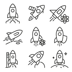Illustrations of rockets in various launch and flight positions