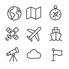 Navigation icons collection: earth, map, compass, satellite, airplane, ship