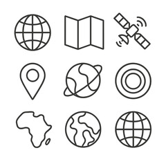 Global navigation icons: maps, satellites, and location symbols