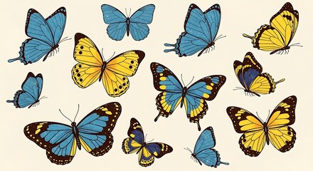 Collection of blue and yellow butterflies in flight