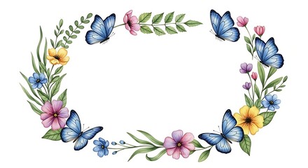 Watercolor floral wreath with blue butterflies and greenery