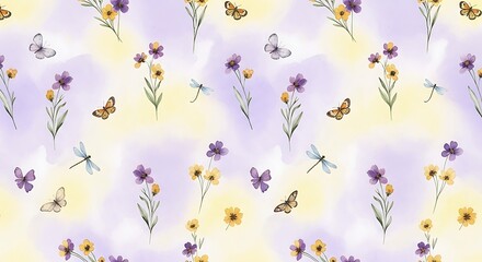Whimsical watercolor wildflowers and butterflies seamless pattern