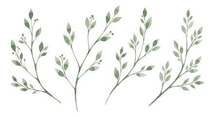 Delicate watercolor branches with subtle green and gray leaves