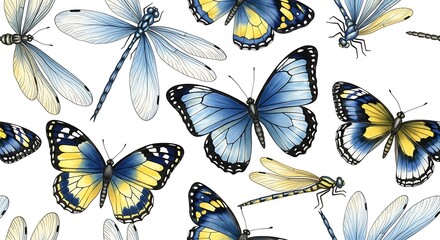 Watercolor butterflies and dragonflies in a delicate pattern