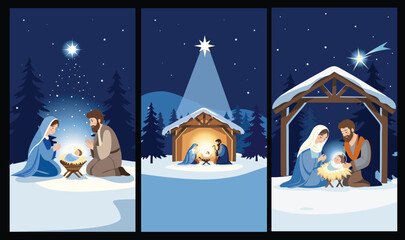 Vertical Christmas Nativity Scenes &ndash; Holy Night Illustrations for Mobile Projects. A collection of three vertical nativity illustrations. Perfect for Christmas mobile backgrounds, social media etc