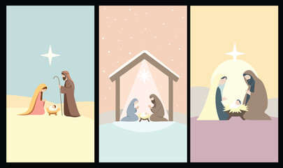 Vertical Christmas Nativity Scenes &ndash; Holy Night Illustrations for Mobile Projects
Three cozy winter nativity scenes in vertical format showing the Holy Family and the Star of Bethlehem. 