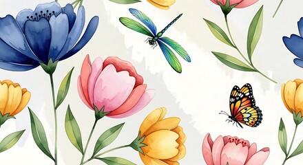 Watercolor garden blooms with dragonfly and butterfly