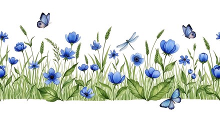 Watercolor meadow with blue flowers butterflies and dragonflies