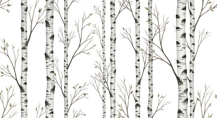 Black and white birch tree forest pattern with delicate branches