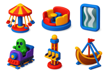 Vibrant Fairground Icons. 3D icon set of fairground rides: swing ride, tilt-a-whirl, funhouse mirror, drop tower, ghost train,